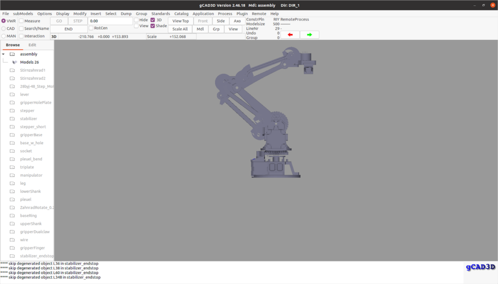 Viewing the robotic arm design in gcad3d