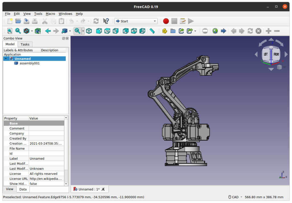 Viewing the robotic arm design in FreeCAD